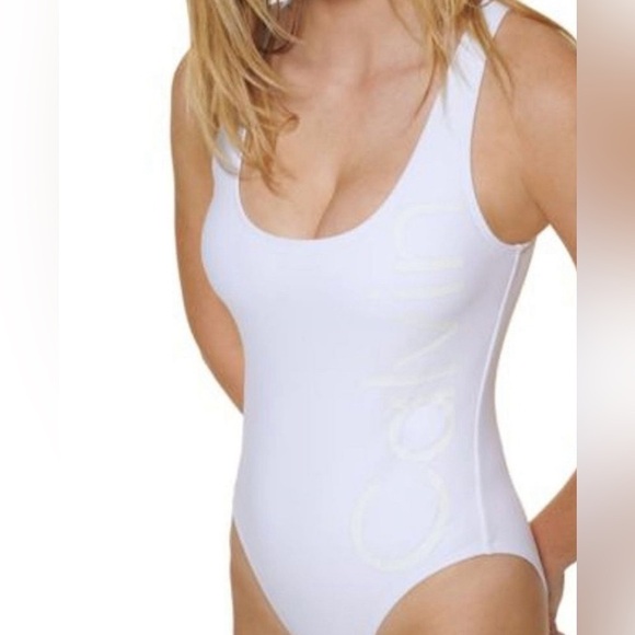 Calvin Klein SOFT WHITE Deep U-Back Logo One-Piece Swimsuit X-Large y2k boho - Picture 1 of 9